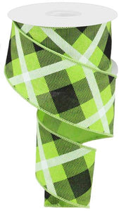 Plaid Canvas Wired Ribbon : Lime Green, Black, White - 2.5 Inches x 10 Yards (30 Feet)
