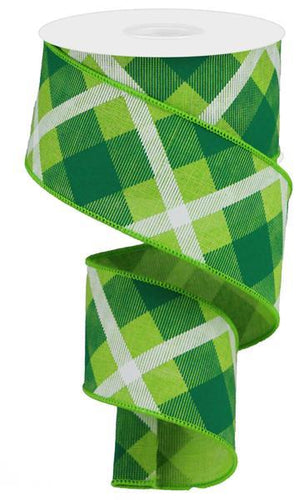 Plaid Canvas Wired Ribbon : Lime Green, White - 2.5 Inches x 10 Yards (30 Feet)