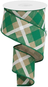 Plaid Canvas Wired Ribbon, 10 Yards (Light Beige, Green, White, 2.5 Inches)