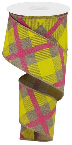 Plaid Canvas Wired Ribbon, 10 Yards (Light Beige, Yellow, Hot Pink, 2.5 Inches)
