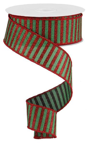 Glitter Stripe Wired Ribbon : Red Emerald Green Christmas - 1.5 Inches x 10 Yards (30 Feet)