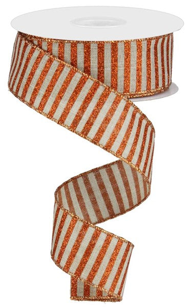Glitter Stripe Wired Ribbon : Natural Beige, Bright Orange - 1.5 Inches x 10 Yards (30 Feet)