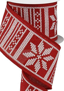 Christmas Sweater Wired Ribbon : Red White Nordic - 2.5 Inches x 10 Yards (30 Feet)