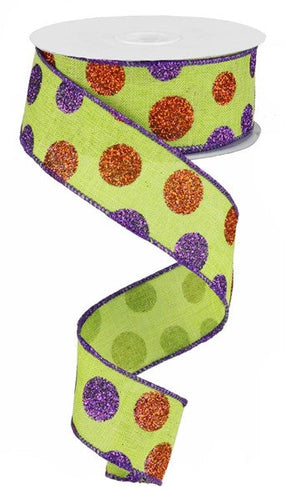 Glitter Multi Dots Wired Ribbon : Lime Green - 1.5 Inches x 10 Yards (30 Feet)