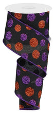 Load image into Gallery viewer, Glitter Multi Dots Wired Ribbon : Black Purple Orange - 2.5 Inches x 10 Yards (30 Feet)
