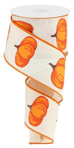 Orange Pumpkin Wired Ribbon : Cream - 2.5 Inches x 10 Yards (30 Feet)