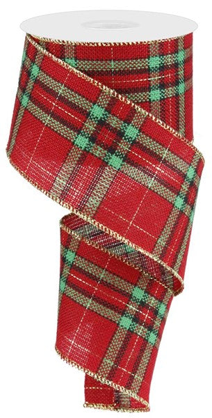 Woven Plaid Tartan Wired Ribbon : Red Green Black Gold : 2.5 Inches x 10 Yards (30 Feet)