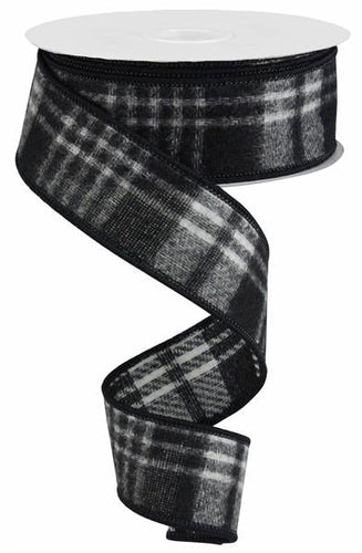 Buffalo Check Fuzzy Flannel Wired Ribbon : White Black - 1.5 Inches Wide x 10 Yards (30 Feet)