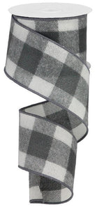 Fuzzy Large Plaid Wired Ribbon : Grey Gray White - 2.5 Inches x 10 Yards (30 Feet)