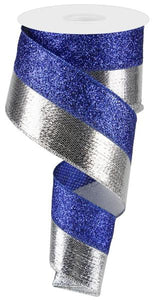 Metallic Glitter 2-in-1 Wired Ribbon : Silver Royal Blue - 2.5 Inches x 10 Yards (30 Feet)