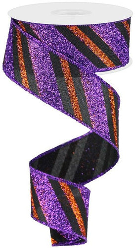 Halloween Glitter Stripe Wired Ribbon Black Purple Orange) - 1.5 Inches x 10 Yards (30 Feet)