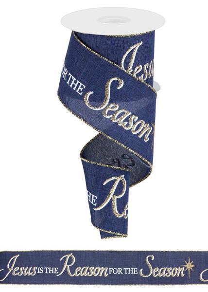 Jesus is The Reason for the Season Wired Ribbon : Navy Blue, White, Gold - 2.5 Inches x 10 Yards (30 Feet)
