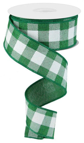 Plaid Check Wired Ribbon : Emerald Green White - 1.5 Inches x 10 Yards (30 Feet)