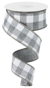 Plaid Check Wired Ribbon : Grey Gray White - 1.5 Inches x 10 Yards (30 Feet)