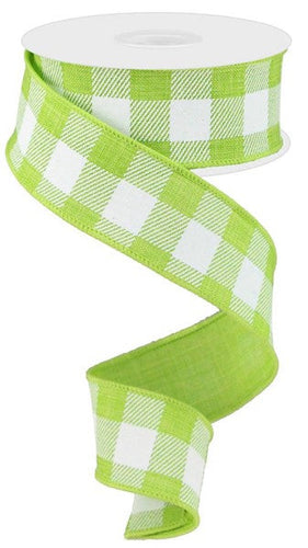 Plaid Check Wired Ribbon : Lime Green, White - 1.5 Inches x 10 Yards (30 Feet)