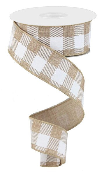 Plaid Check Wired Ribbon : Light Tan Beige White - 1.5 Inches x 10 Yards (30 Feet)