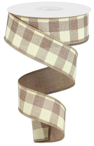 Plaid Check Wired Ribbon : Light Beige Ivory - 1.5 Inches x 10 Yards (30 Feet)