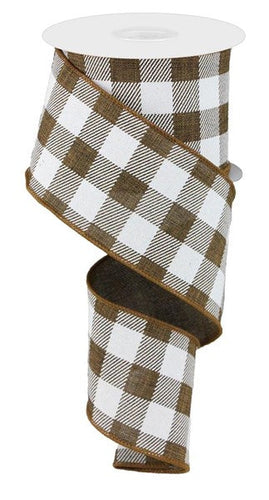 Plaid Check Wired Ribbon : Brown White - 2.5 Inches x 10 Yards (30 Feet)