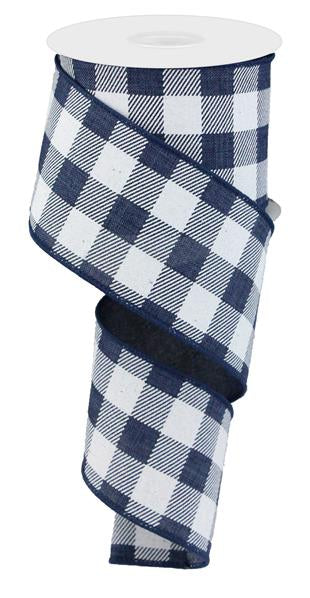 Plaid Check Wired Ribbon : Navy Blue, White - 2.5 Inches x 10 Yards (30 Feet)
