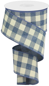 Plaid Check Wired Ribbon : Faded Denim Blue, Ivory - 2.5 Inches x 10 Yards (30 Feet)