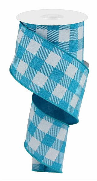 Plaid Check Wired Ribbon : Turquoise Blue, White - 2.5 Inches x 10 Yards (30 Feet)