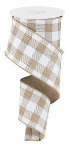 Plaid Check Wired Ribbon : Light Tan Beige White - 2.5 Inches x 10 Yards (30 Feet)