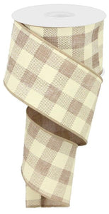 Plaid Check Wired Ribbon : Light Beige Ivory - 2.5 Inches x 10 Yards (30 Feet)