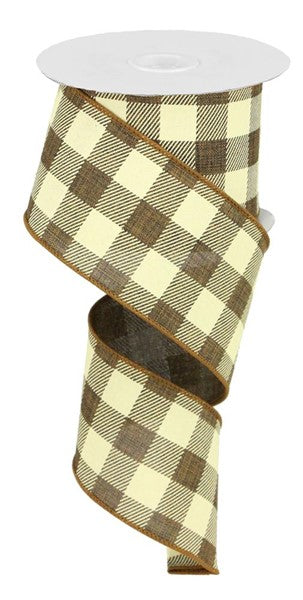 Plaid Check Wired Ribbon : Brown Ivory - 2.5 Inches x 10 Yards (30 Feet)