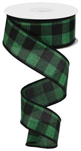 Printed Plaid Check Wired Ribbon : Emerald Green Black - 1.5 Inches x 10 Yards (30 Feet)