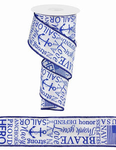 United States Navy Wired Ribbon : White & Royal Blue - 2.5 Inches x 10 Yards (30 Feet)