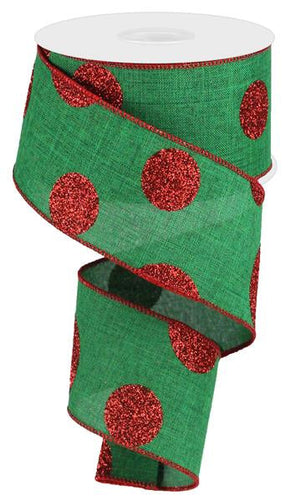 Polka Dot Wired Ribbon : Emerald Green Red Christmas - 2.5 Inches x 10 Yards (30 Feet)