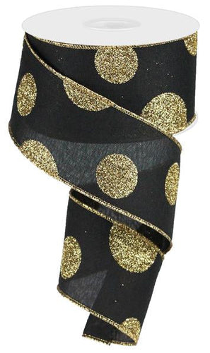Polka Dot Glitter Wired Ribbon : Black Gold - 2.5 Inches x 10 Yards (30 Feet)