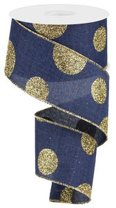 Polka Dot Glitter Wired Ribbon : Navy Blue Gold - 2.5 Inches x 10 Yards (30 Feet)