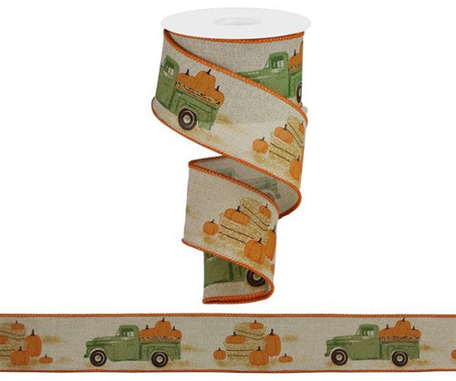 Vintage Truck with Pumpkins Wired Ribbon : Natural Beige Blue Orange - 2.5 Inches x 10 Yards (30 Feet)