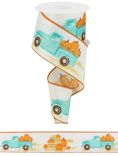 Vintage Truck with Pumpkins Wired Ribbon : Ivory Teal Turquoise Blue Green - 2.5 Inches x 10 Yards (30 Feet)