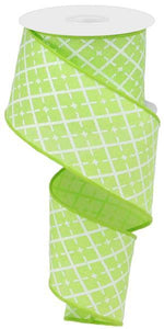 Glittered Argyle Wired Ribbon : Bright Lime Green, White, Silver - 2.5 Inches x 10 Yards (30 Feet)