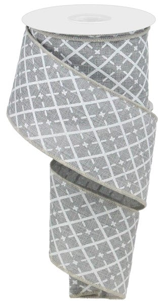 Glittered Argyle Wired Ribbon : Light Grey Gray, Silver, White - 2.5 Inches x 10 Yards (30 Feet)