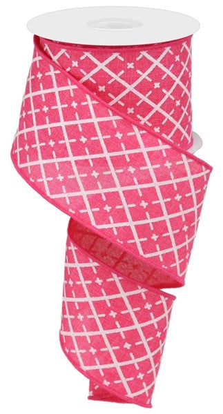 Glittered Argyle Wired Ribbon : Hot Pink, Silver, White - 2.5 Inches x 10 Yards (30 Feet)