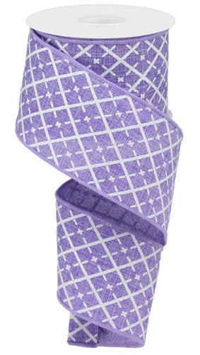 Glittered Argyle Wired Ribbon : Lavender Purple, Silver, White - 2.5 Inches x 10 Yards (30 Feet)