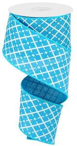 Glittered Argyle Wired Ribbon : Turquoise Blue White Silver - 2.5 Inches x 10 Yards (30 Feet)