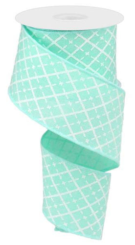 Glittered Argyle Wired Ribbon : Mint Green Blue White Silver - 2.5 Inches x 10 Yards (30 Feet)