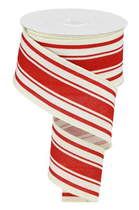 Farmhouse Stripe Cotton Wired Ribbon : Ivory Red - 2.5 Inches x 10 Yards (30 Feet)