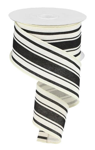 Farmhouse Stripe Cotton Wired Ribbon : Ivory Black - 2.5 Inches x 10 Yards (30 Feet)