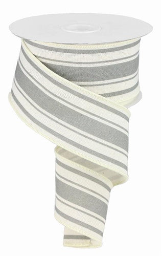 Farmhouse Stripe Cotton Wired Ribbon : Ivory Cool Grey Gray - 2.5 Inches x 10 Yards (30 Feet)