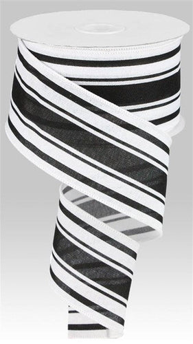 Farmhouse Stripe Cotton Wired Ribbon : White Black - 2.5 Inches x 10 Yards (30 Feet)