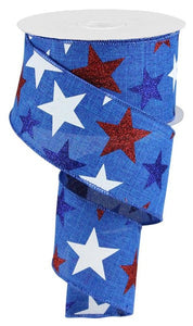 Glittered Stars Wired Ribbon : Royal Blue, Navy Blue, Red, White - 2.5 Inches x 10 Yards (30 Feet)