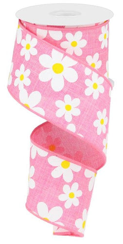Daisy Print Wired Ribbon : Pink (2.5 Inches x 10 Yards (30 Feet)
