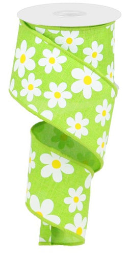 Daisy Print Wired Ribbon : Lime Green (2.5 Inches x 10 Yards (30 Feet)