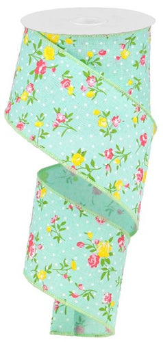 Vintage Floral Polka Dots Wired Ribbon : Mint Green Pink - 2.5 Inches x 10 Yards (30 Feet)