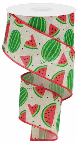 Watermelon Slices Canvas Wired Ribbon : Light Natural Beige - 2.5 Inches x 10 Yards (30 Feet)